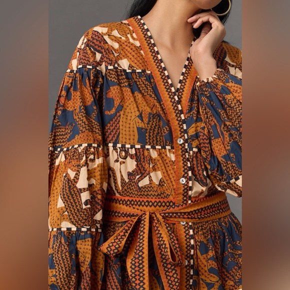 FARM RIO Anthropologie Long Sleeve V-Neck Printed Mini Dress - Picture 3 of 11